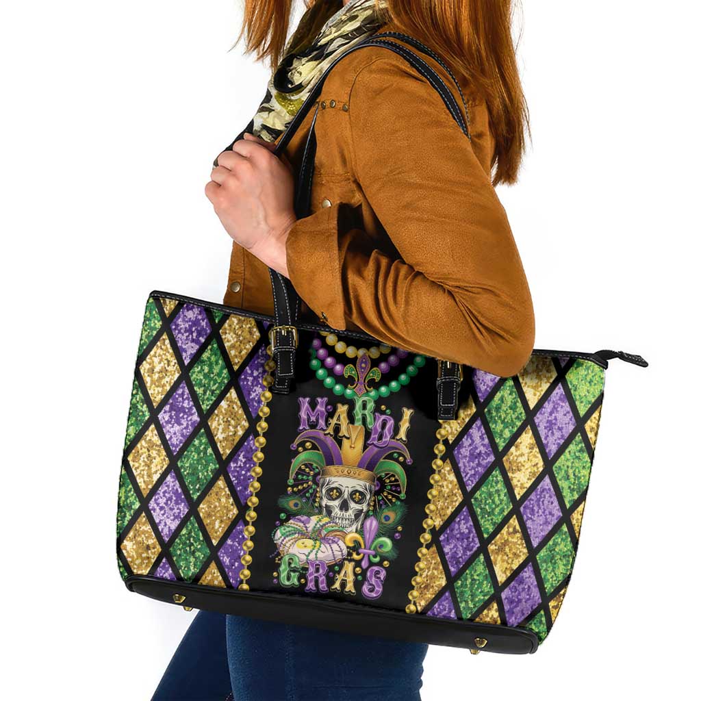 Mardi Gras Skull Leather Tote Bag Beads Fleur De Lis