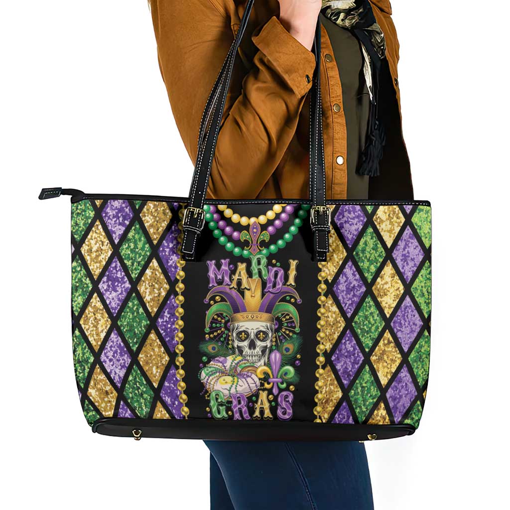 Mardi Gras Skull Leather Tote Bag Beads Fleur De Lis