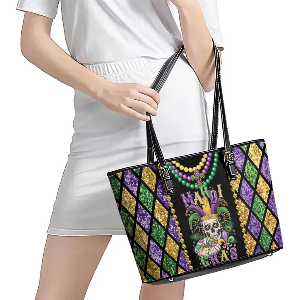 Mardi Gras Skull Leather Tote Bag Beads Fleur De Lis