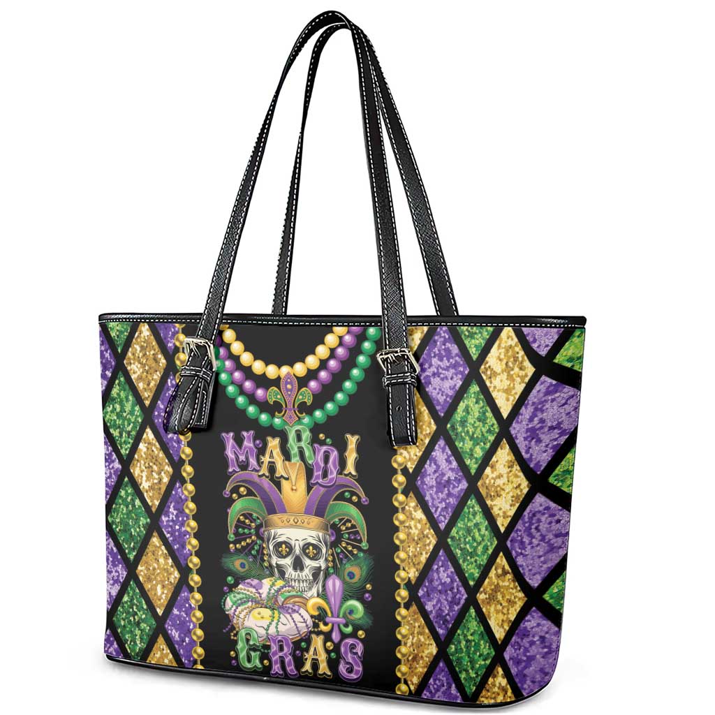 Mardi Gras Skull Leather Tote Bag Beads Fleur De Lis