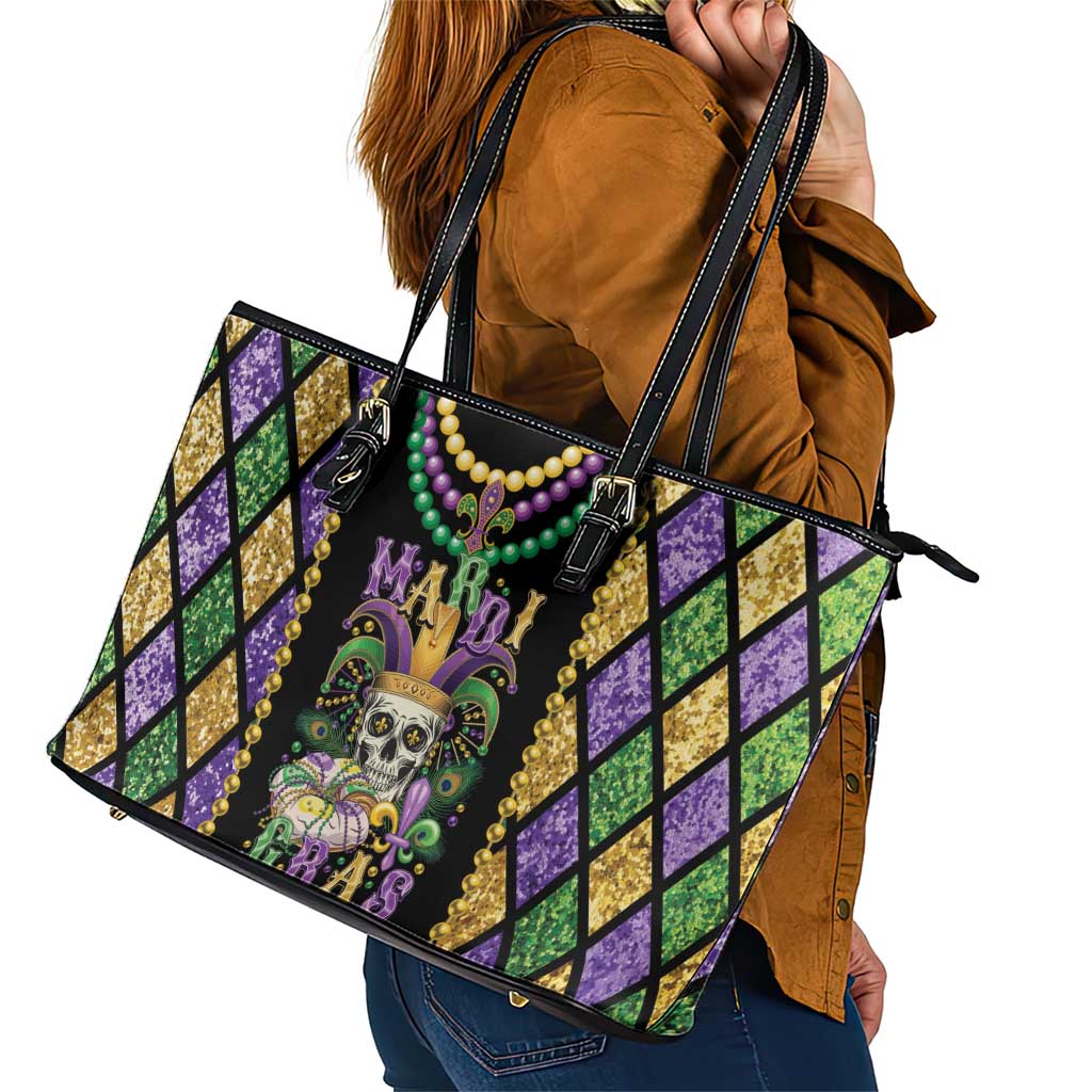 Mardi Gras Skull Leather Tote Bag Beads Fleur De Lis
