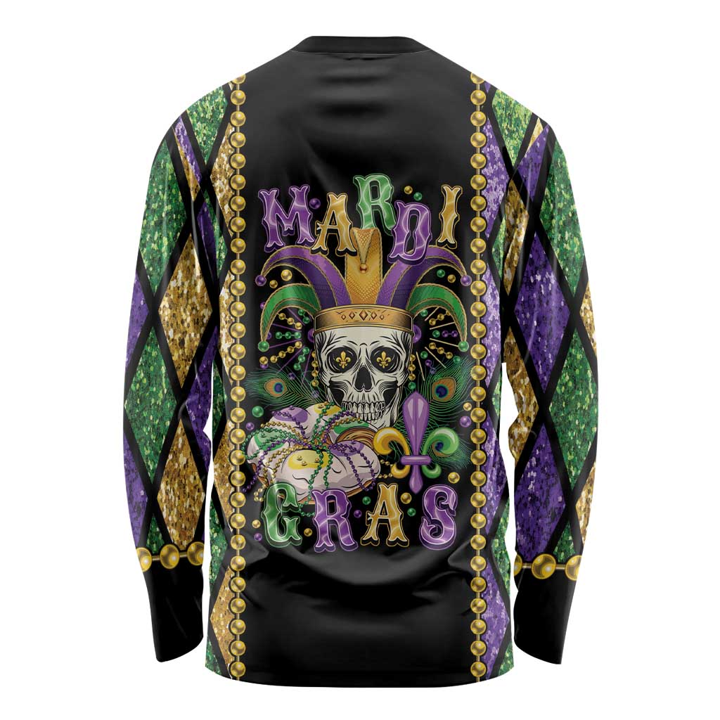 Mardi Gras Skull Long Sleeve Shirt Beads Fleur De Lis - Wonder Print Shop