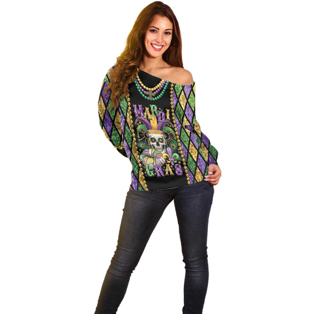 Mardi Gras Skull Off Shoulder Sweater Beads Fleur De Lis - Wonder Print Shop