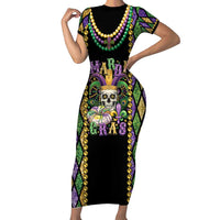 Mardi Gras Skull Short Sleeve Bodycon Dress Beads Fleur De Lis - Wonder Print Shop