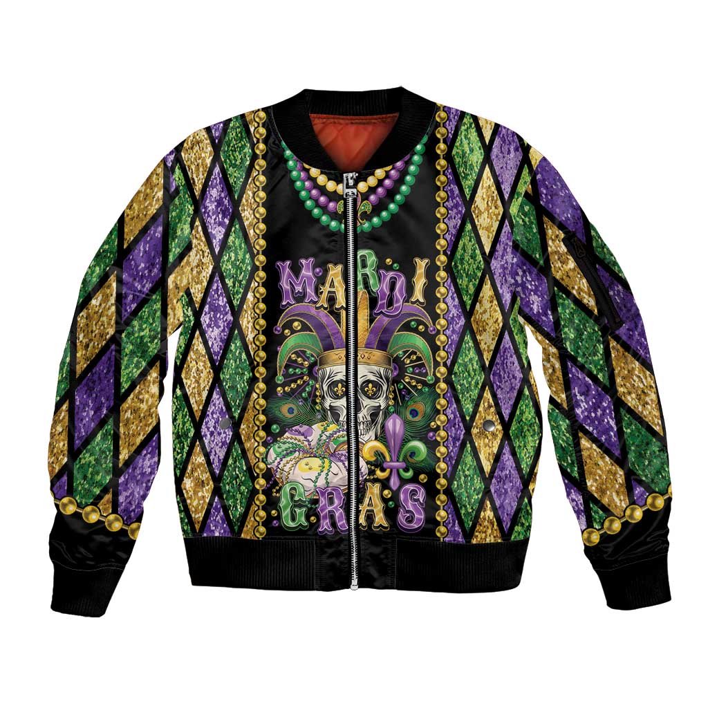 Mardi Gras Skull Sleeve Zip Bomber Jacket Beads Fleur De Lis - Wonder Print Shop