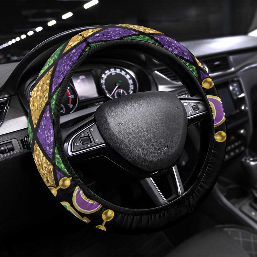 Mardi Gras Skull Steering Wheel Cover Beads Fleur De Lis - Wonder Print Shop