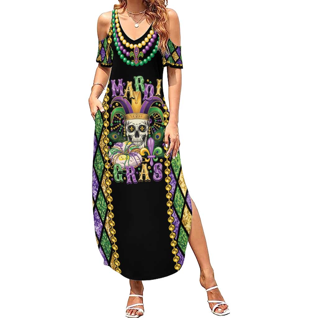 Mardi Gras Skull Summer Maxi Dress Beads Fleur De Lis - Wonder Print Shop