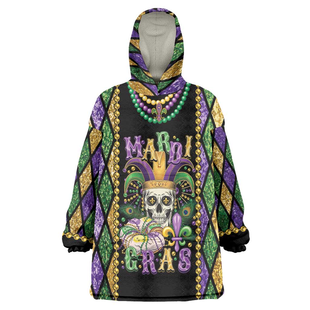 Mardi Gras Skull Wearable Blanket Hoodie Beads Fleur De Lis - Wonder Print Shop