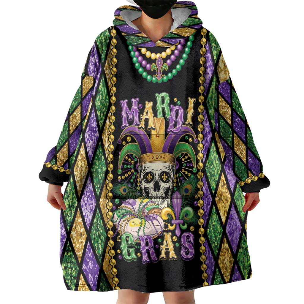 Mardi Gras Skull Wearable Blanket Hoodie Beads Fleur De Lis - Wonder Print Shop