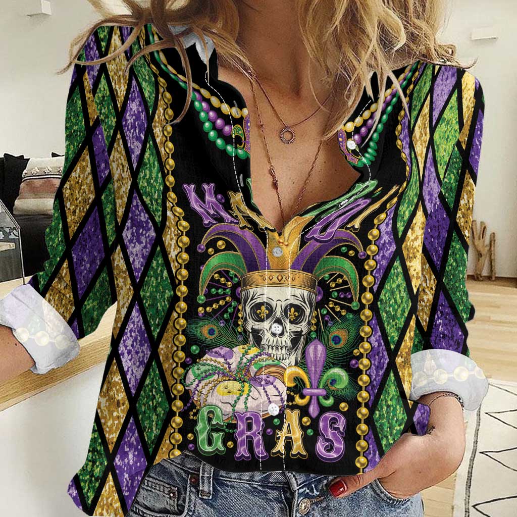 Mardi Gras Skull Women Casual Shirt Beads Fleur De Lis - Wonder Print Shop