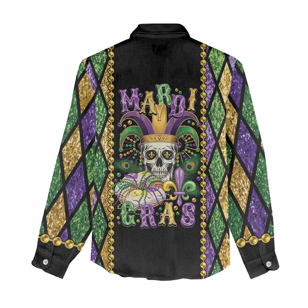 Mardi Gras Skull Women Casual Shirt Beads Fleur De Lis - Wonder Print Shop