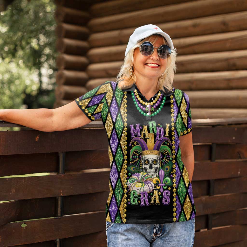 Mardi Gras Skull Women Polo Shirt Beads Fleur De Lis - Wonder Print Shop