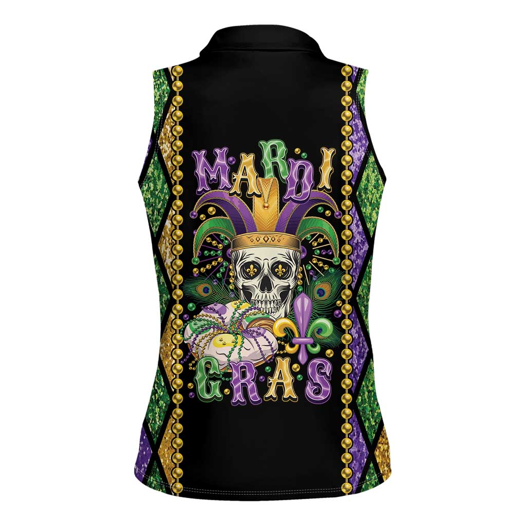 Mardi Gras Skull Women Sleeveless Polo Shirt Beads Fleur De Lis - Wonder Print Shop