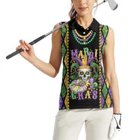 Mardi Gras Skull Women Sleeveless Polo Shirt Beads Fleur De Lis - Wonder Print Shop