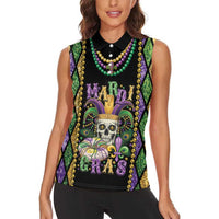 Mardi Gras Skull Women Sleeveless Polo Shirt Beads Fleur De Lis - Wonder Print Shop