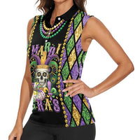 Mardi Gras Skull Women Sleeveless Polo Shirt Beads Fleur De Lis - Wonder Print Shop