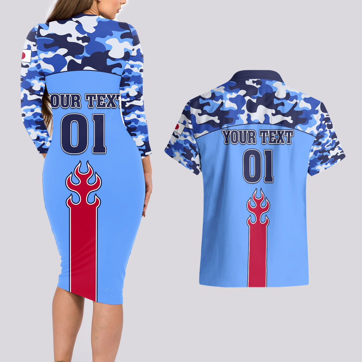 Japan Football Couples Matching Long Sleeve Bodycon Dress and Hawaiian Shirt Come On Samurai Blue - Wonder Print Shop