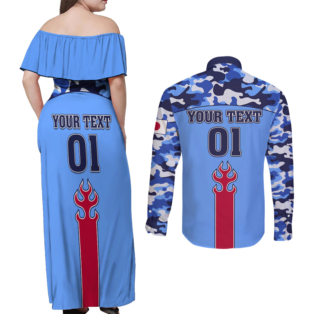 Japan Football Couples Matching Off Shoulder Maxi Dress and Long Sleeve Button Shirt Come On Samurai Blue - Wonder Print Shop