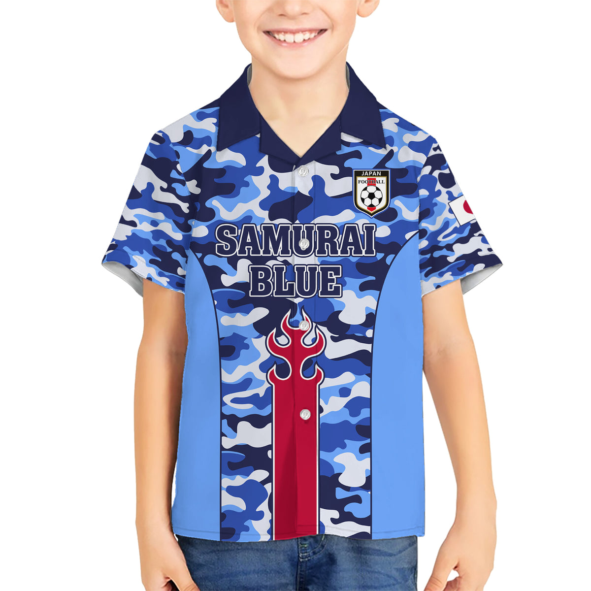 Japan Football Family Matching Short Sleeve Bodycon Dress and Hawaiian Shirt Come On Samurai Blue - Wonder Print Shop