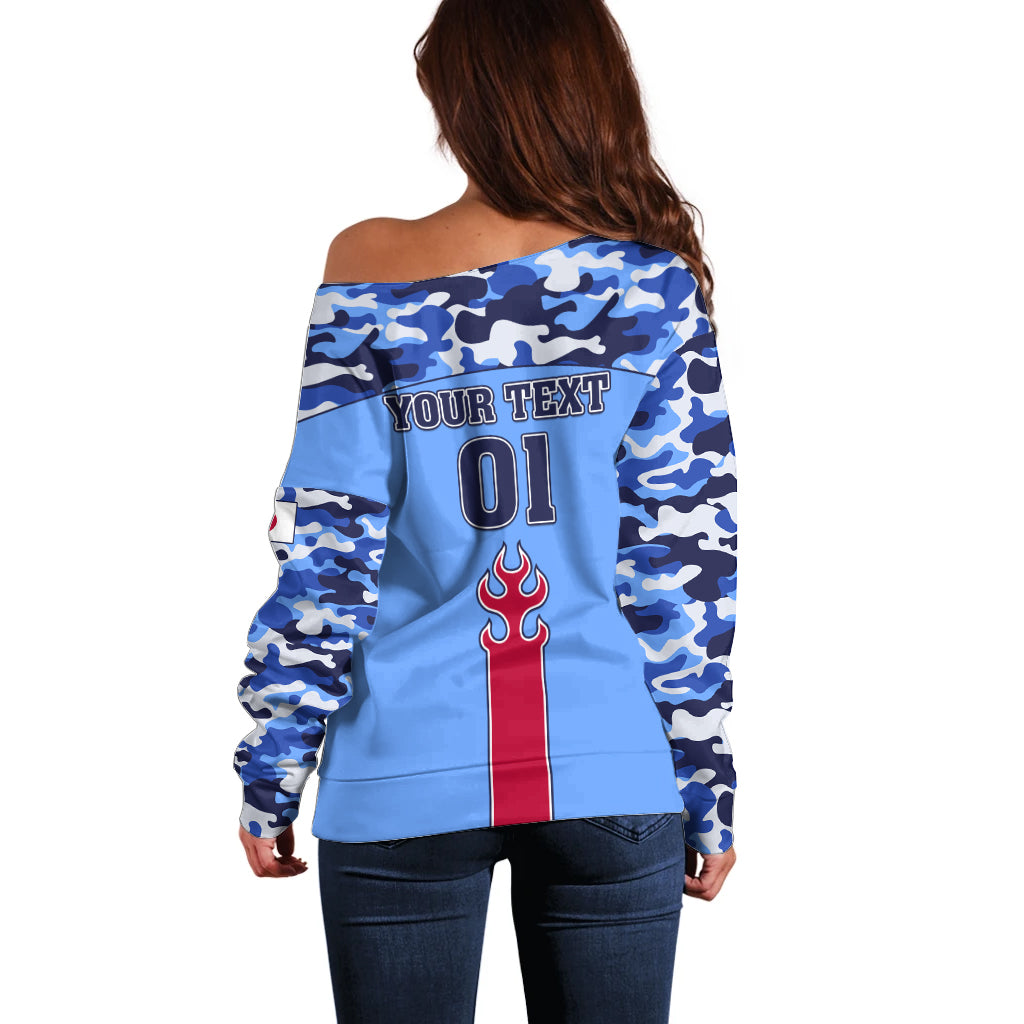 Japan Football Off Shoulder Sweater Come On Samurai Blue - Wonder Print Shop