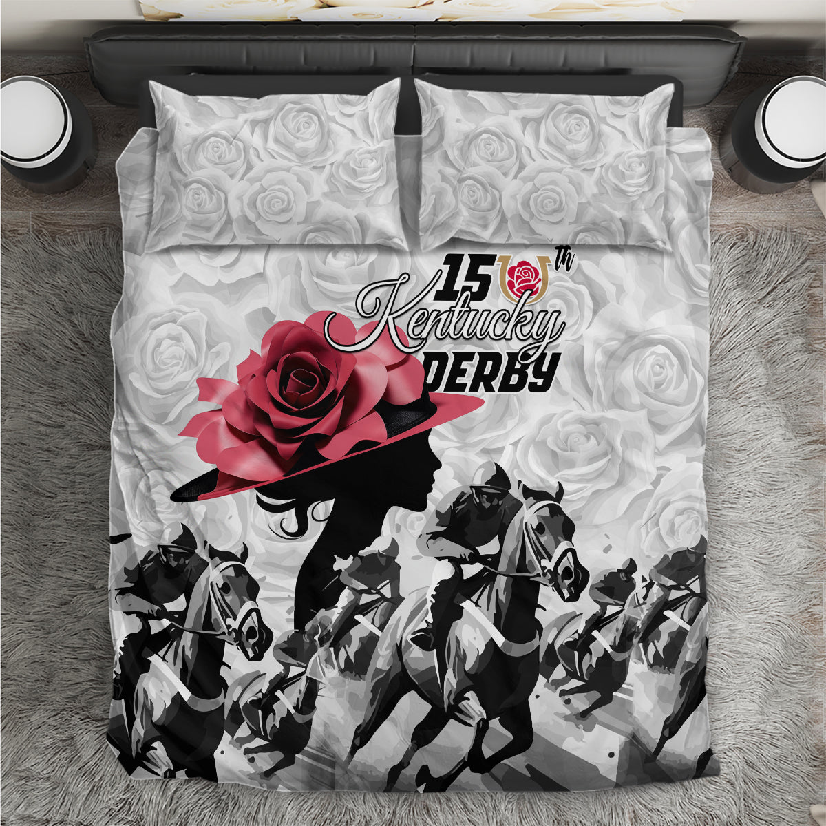 Kentucky Derby Happy 150th Anniversary Bedding Set Silhouette Girl Derby Hat With Rose