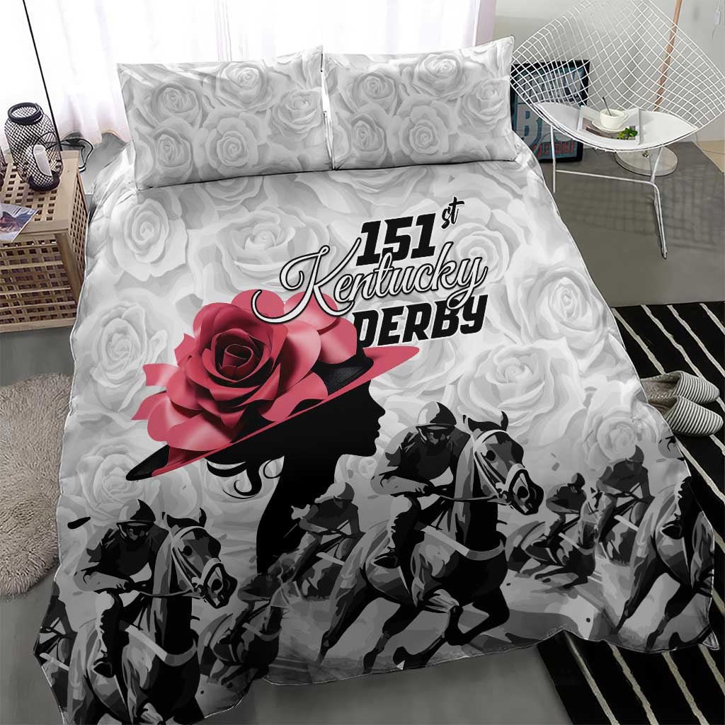 Kentucky Horse Racing Happy 151st Anniversary Bedding Set Silhouette Girl Derby Hat With Rose LT01