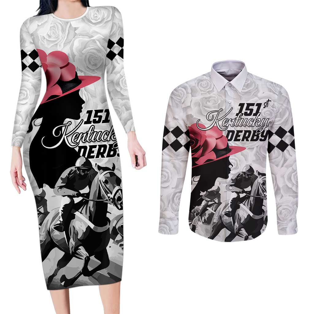 Kentucky Horse Racing Happy 151st Anniversary Couples Matching Long Sleeve Bodycon Dress and Long Sleeve Button Shirt Silhouette Girl Derby Hat With Rose LT01