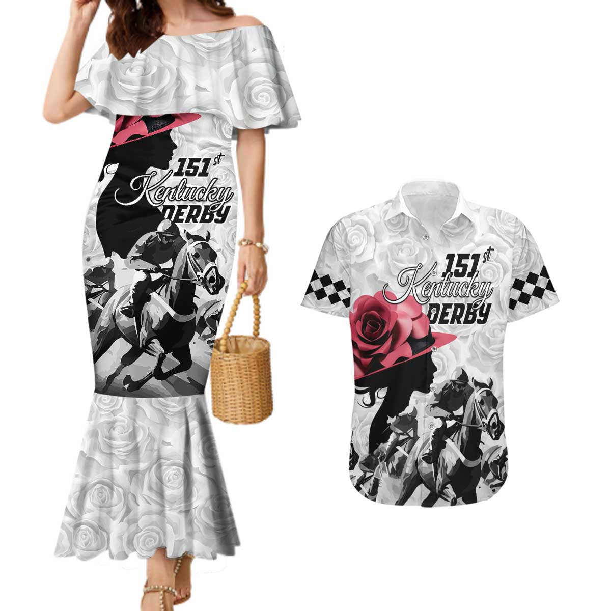 Kentucky Horse Racing Happy 151st Anniversary Couples Matching Mermaid Dress and Hawaiian Shirt Silhouette Girl Derby Hat With Rose LT01