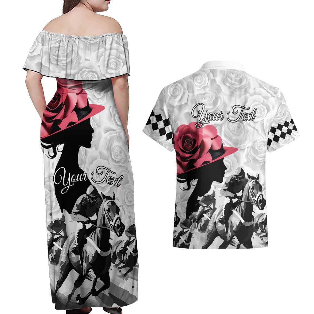 Kentucky Horse Racing Happy 151st Anniversary Couples Matching Off Shoulder Maxi Dress and Hawaiian Shirt Silhouette Girl Derby Hat With Rose LT01