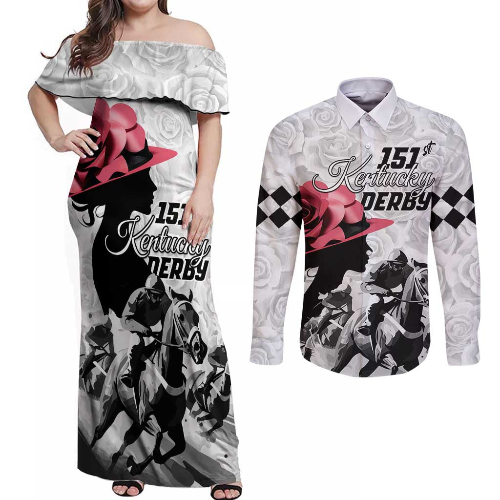 Kentucky Horse Racing Happy 151st Anniversary Couples Matching Off Shoulder Maxi Dress and Long Sleeve Button Shirt Silhouette Girl Derby Hat With Rose LT01