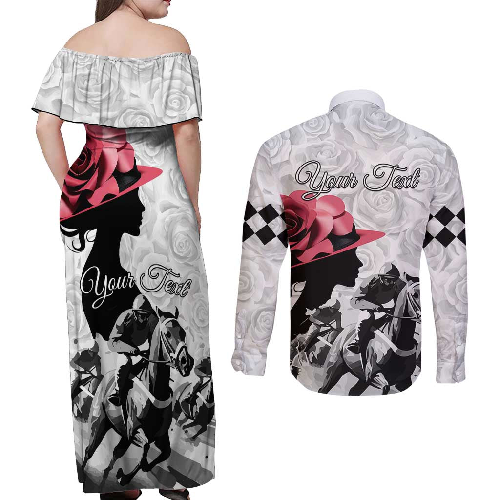 Kentucky Horse Racing Happy 151st Anniversary Couples Matching Off Shoulder Maxi Dress and Long Sleeve Button Shirt Silhouette Girl Derby Hat With Rose LT01