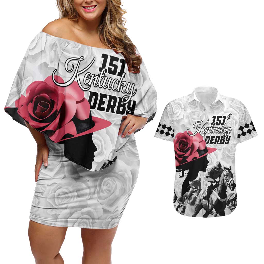Kentucky Horse Racing Happy 151st Anniversary Couples Matching Off Shoulder Short Dress and Hawaiian Shirt Silhouette Girl Derby Hat With Rose LT01