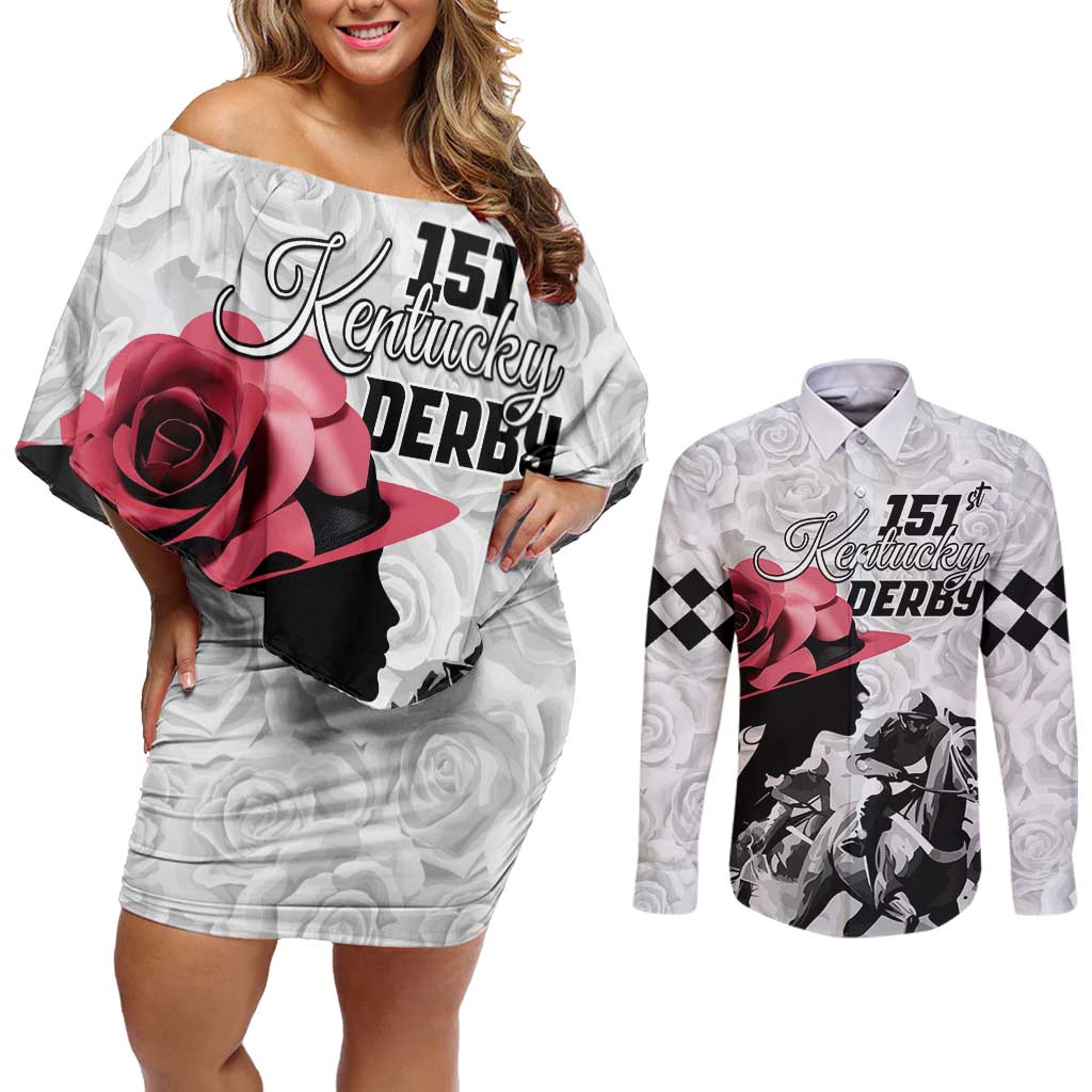 Kentucky Horse Racing Happy 151st Anniversary Couples Matching Off Shoulder Short Dress and Long Sleeve Button Shirt Silhouette Girl Derby Hat With Rose LT01