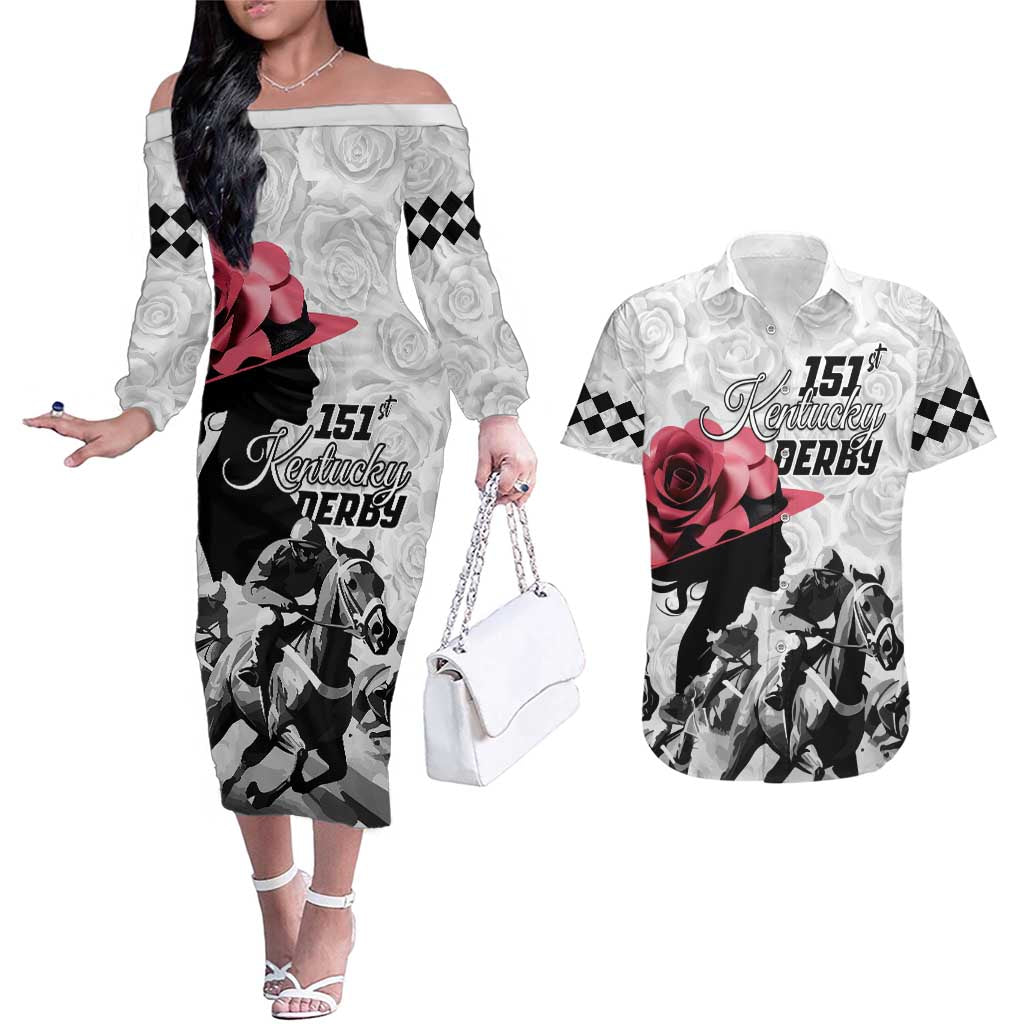 Kentucky Horse Racing Happy 151st Anniversary Couples Matching Off The Shoulder Long Sleeve Dress and Hawaiian Shirt Silhouette Girl Derby Hat With Rose LT01