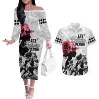 Kentucky Horse Racing Happy 151st Anniversary Couples Matching Off The Shoulder Long Sleeve Dress and Hawaiian Shirt Silhouette Girl Derby Hat With Rose LT01