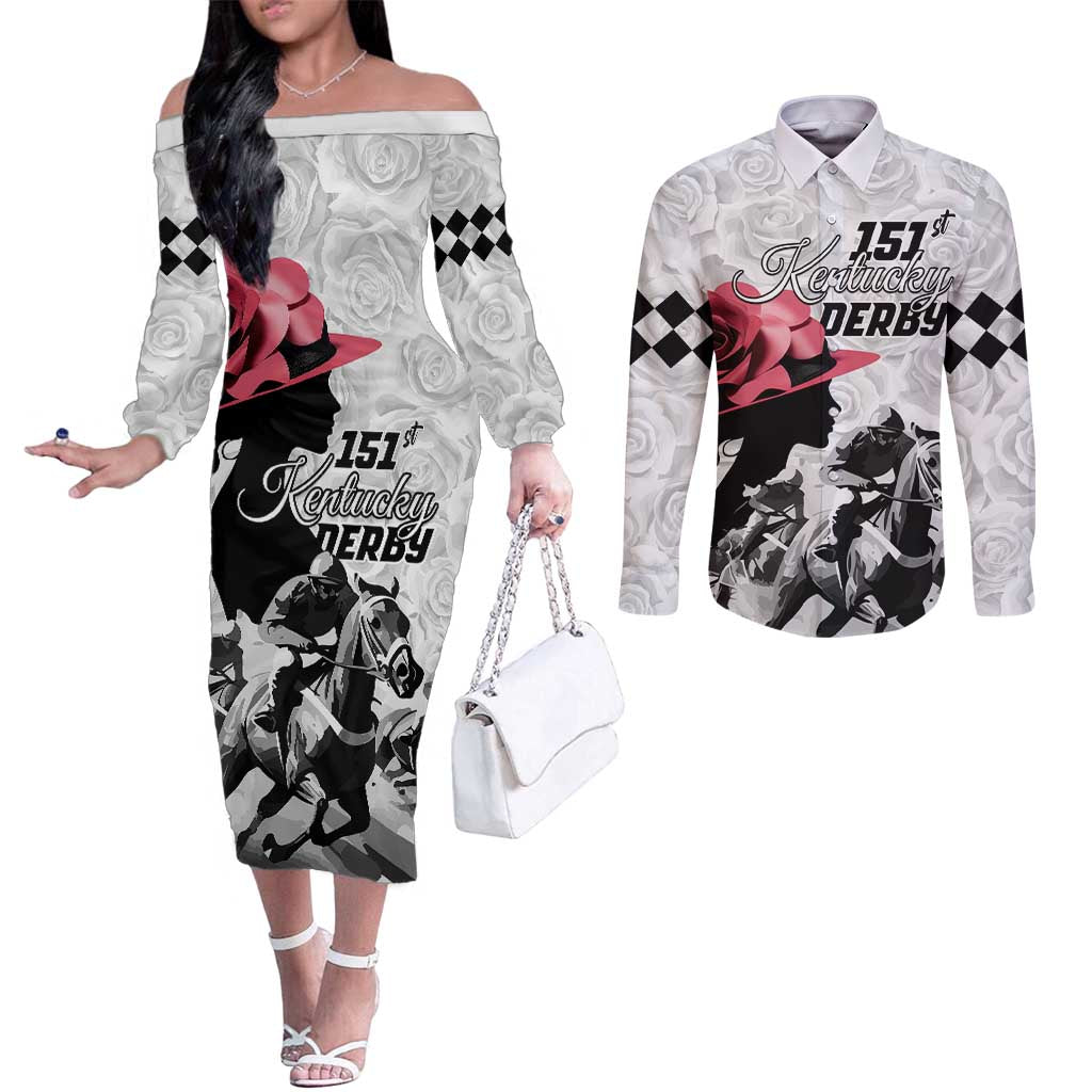 Kentucky Horse Racing Happy 151st Anniversary Couples Matching Off The Shoulder Long Sleeve Dress and Long Sleeve Button Shirt Silhouette Girl Derby Hat With Rose LT01