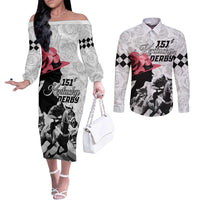 Kentucky Horse Racing Happy 151st Anniversary Couples Matching Off The Shoulder Long Sleeve Dress and Long Sleeve Button Shirt Silhouette Girl Derby Hat With Rose LT01