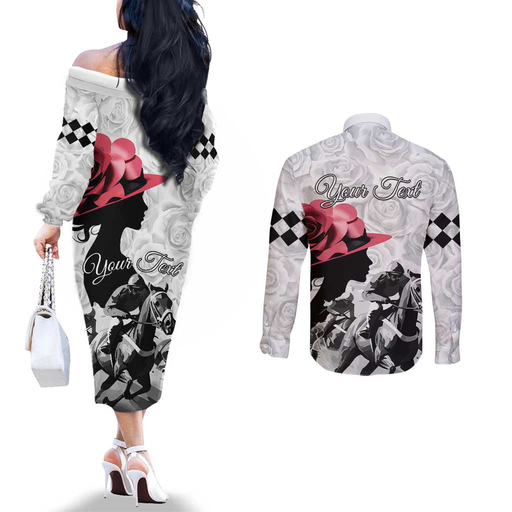 Kentucky Horse Racing Happy 151st Anniversary Couples Matching Off The Shoulder Long Sleeve Dress and Long Sleeve Button Shirt Silhouette Girl Derby Hat With Rose LT01