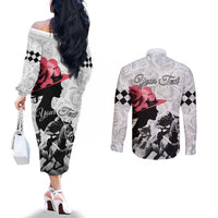 Kentucky Horse Racing Happy 151st Anniversary Couples Matching Off The Shoulder Long Sleeve Dress and Long Sleeve Button Shirt Silhouette Girl Derby Hat With Rose LT01