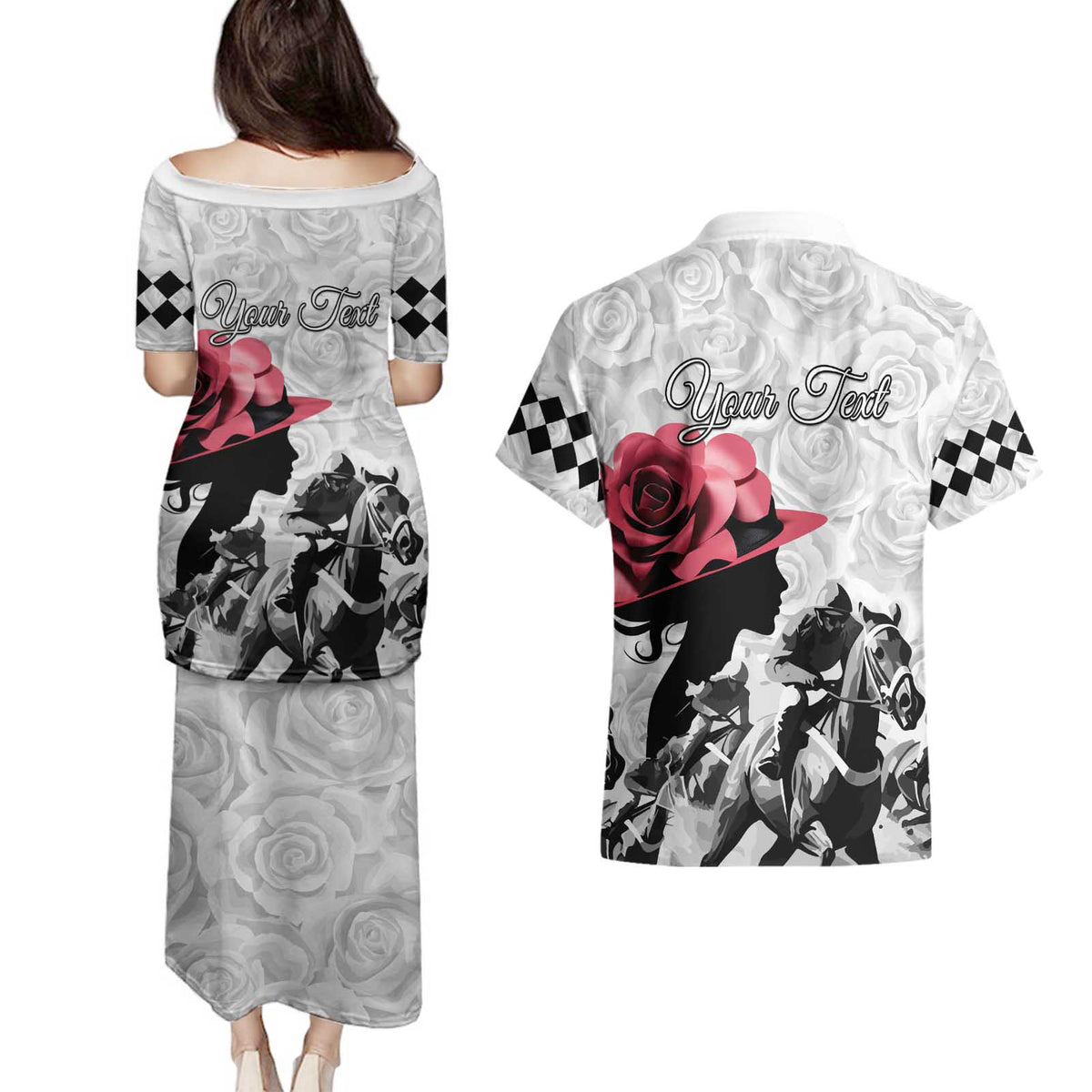 Kentucky Horse Racing Happy 151st Anniversary Couples Matching Puletasi and Hawaiian Shirt Silhouette Girl Derby Hat With Rose LT01