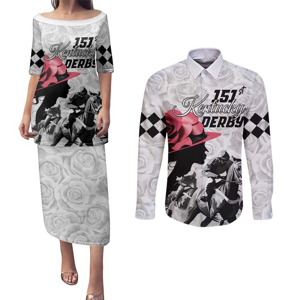 Kentucky Horse Racing Happy 151st Anniversary Couples Matching Puletasi and Long Sleeve Button Shirt Silhouette Girl Derby Hat With Rose LT01