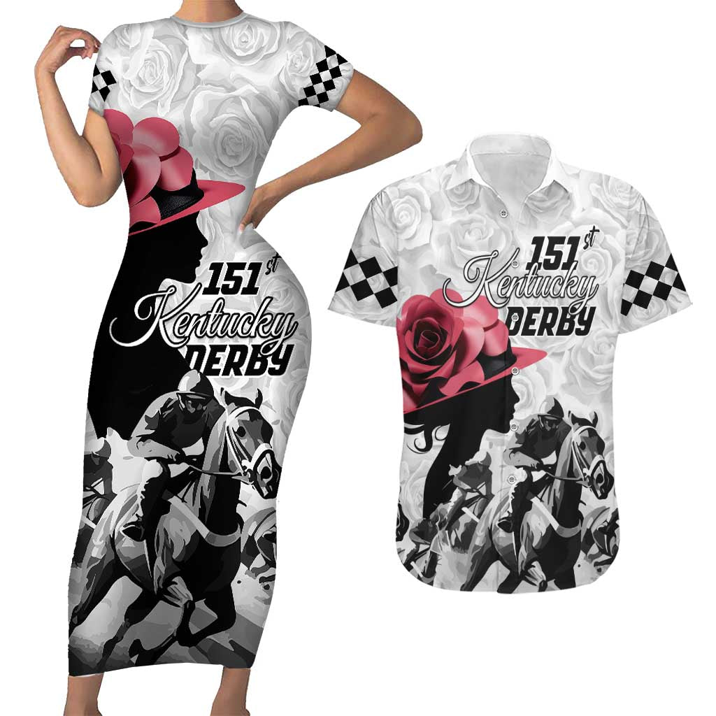 Kentucky Horse Racing Happy 151st Anniversary Couples Matching Short Sleeve Bodycon Dress and Hawaiian Shirt Silhouette Girl Derby Hat With Rose LT01