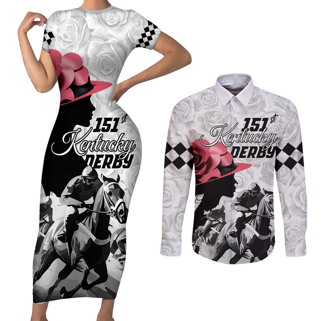 Kentucky Horse Racing Happy 151st Anniversary Couples Matching Short Sleeve Bodycon Dress and Long Sleeve Button Shirt Silhouette Girl Derby Hat With Rose LT01