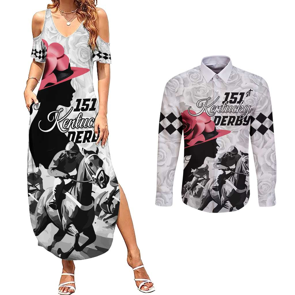 Kentucky Horse Racing Happy 151st Anniversary Couples Matching Summer Maxi Dress and Long Sleeve Button Shirt Silhouette Girl Derby Hat With Rose LT01