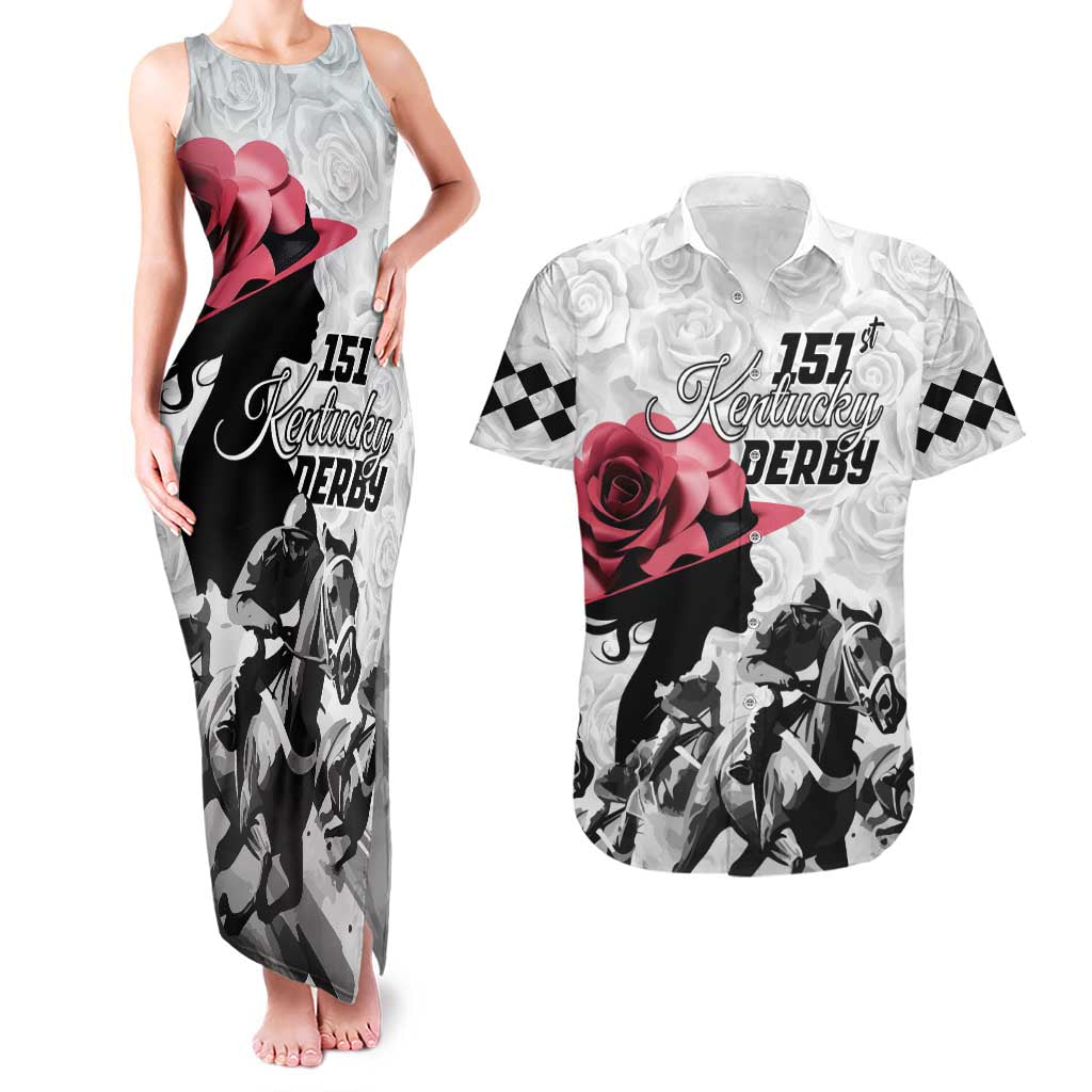 Kentucky Horse Racing Happy 151st Anniversary Couples Matching Tank Maxi Dress and Hawaiian Shirt Silhouette Girl Derby Hat With Rose LT01