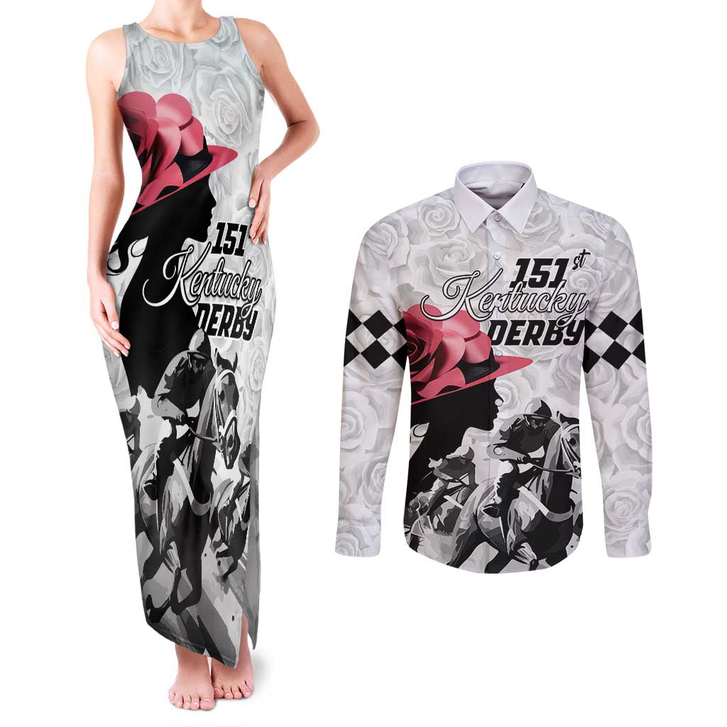 Kentucky Horse Racing Happy 151st Anniversary Couples Matching Tank Maxi Dress and Long Sleeve Button Shirt Silhouette Girl Derby Hat With Rose LT01
