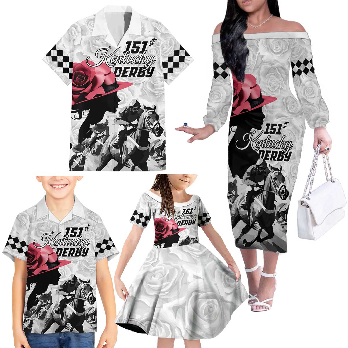 Kentucky Horse Racing Happy 151st Anniversary Family Matching Off Shoulder Long Sleeve Dress and Hawaiian Shirt Silhouette Girl Derby Hat With Rose LT01