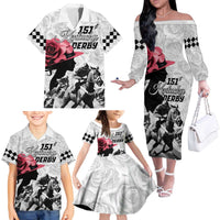 Kentucky Horse Racing Happy 151st Anniversary Family Matching Off Shoulder Long Sleeve Dress and Hawaiian Shirt Silhouette Girl Derby Hat With Rose LT01