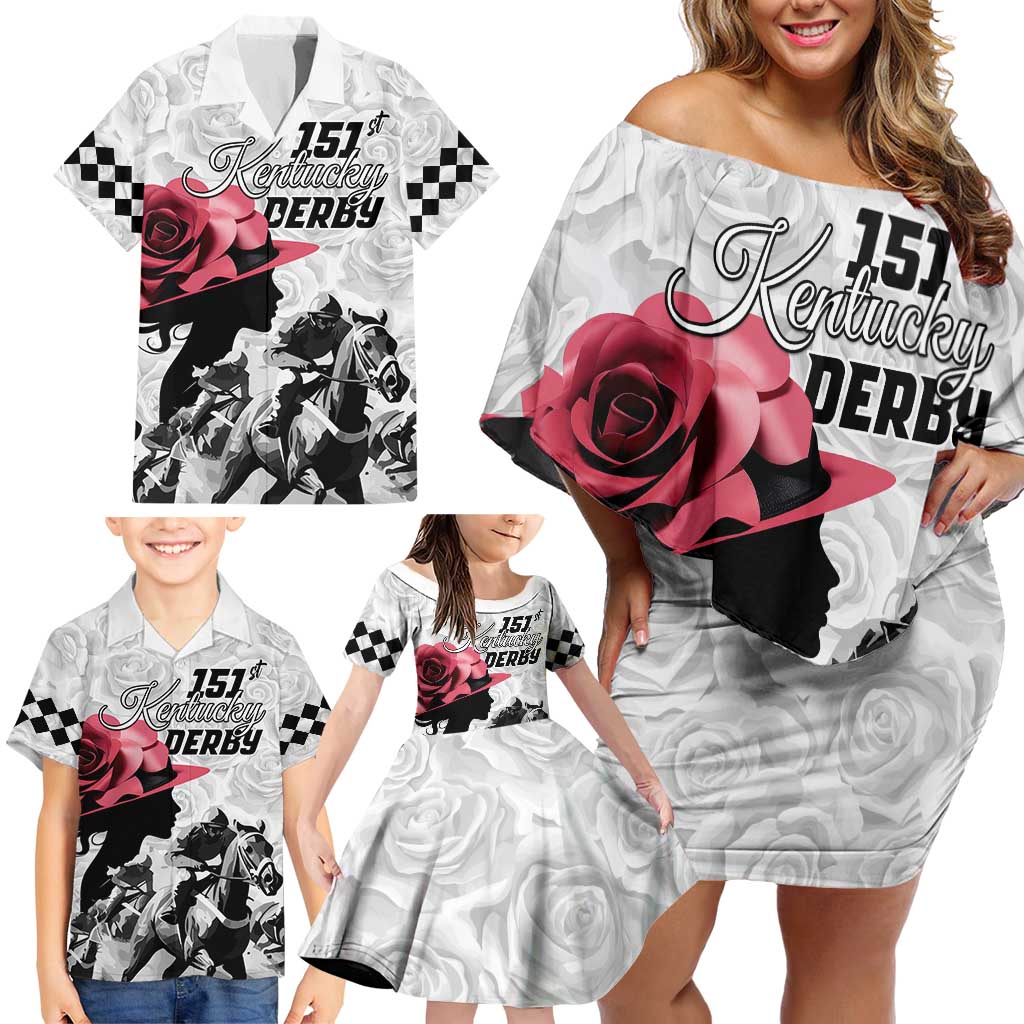 Kentucky Horse Racing Happy 151st Anniversary Family Matching Off Shoulder Short Dress and Hawaiian Shirt Silhouette Girl Derby Hat With Rose LT01