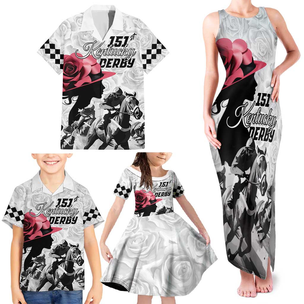 Kentucky Horse Racing Happy 151st Anniversary Family Matching Tank Maxi Dress and Hawaiian Shirt Silhouette Girl Derby Hat With Rose LT01